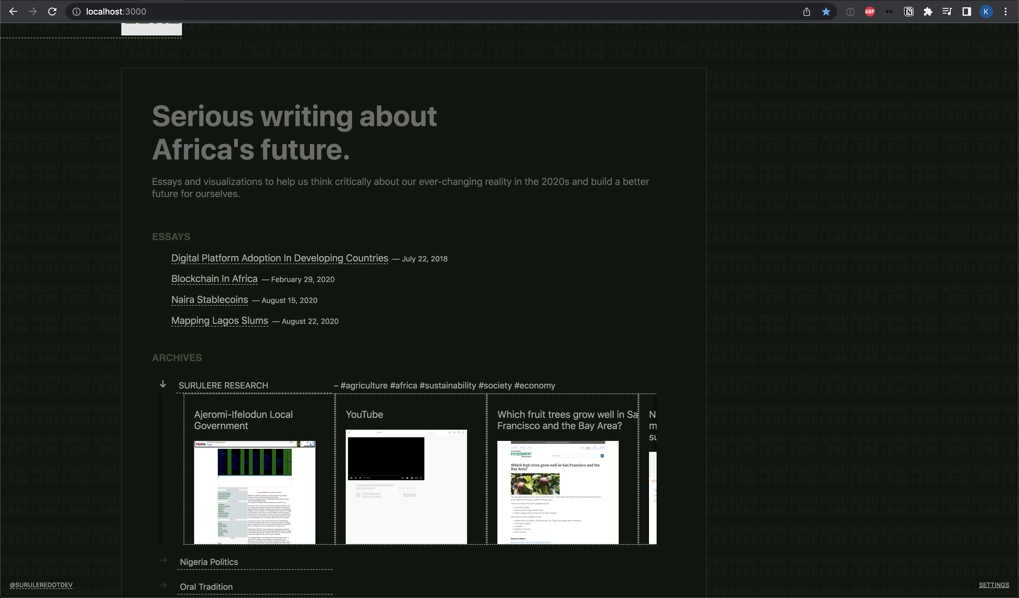 Landing page view with essays and archive entries