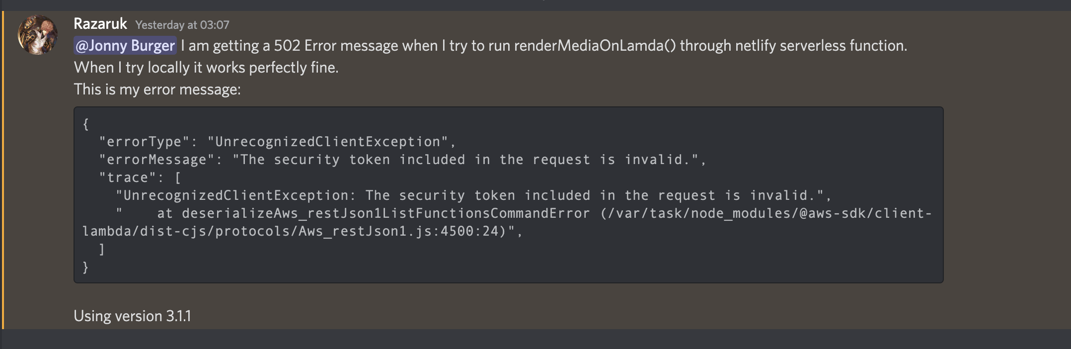 Better error message if calling Remotion Lambda API from another Lambda