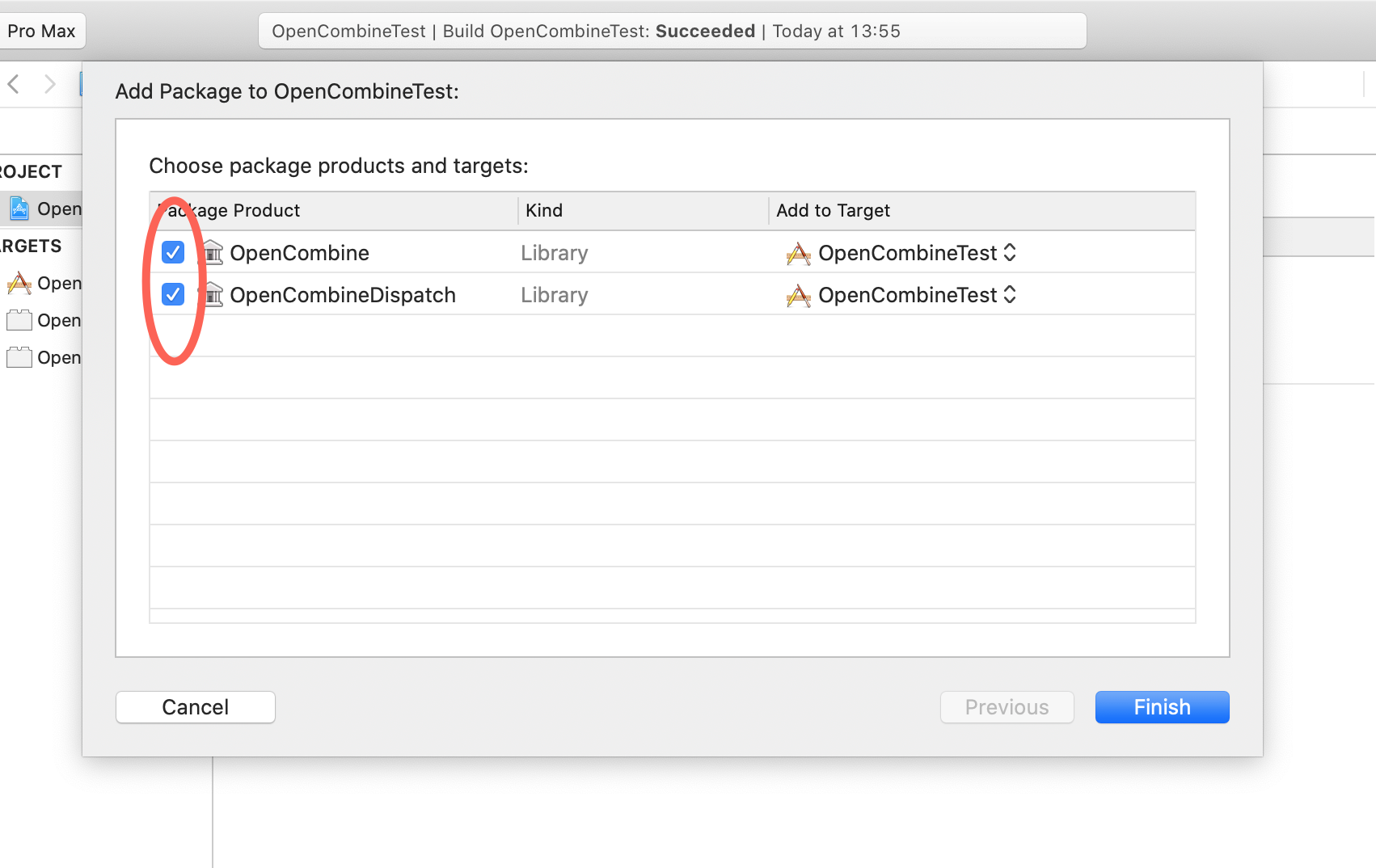 Select the OpenCombine and OpenCombineDispatch targets