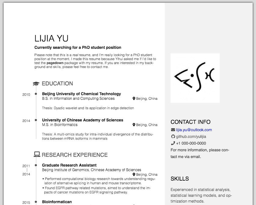 The HTML resume in pagedown.