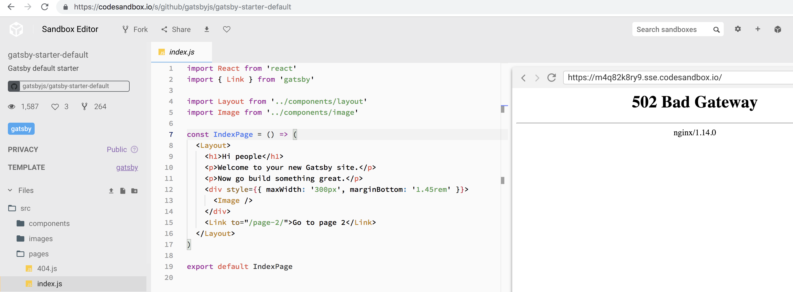 Gatsby Starter Sandbox shows 502 · Issue #1244 · codesandbox ...