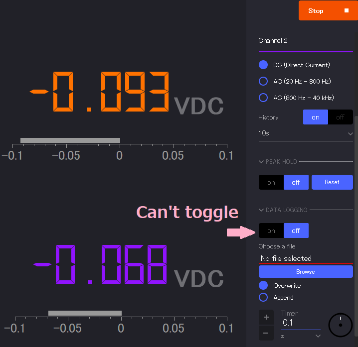 Voltmeter Data logging function does not work on v1.1.1 · Issue 732