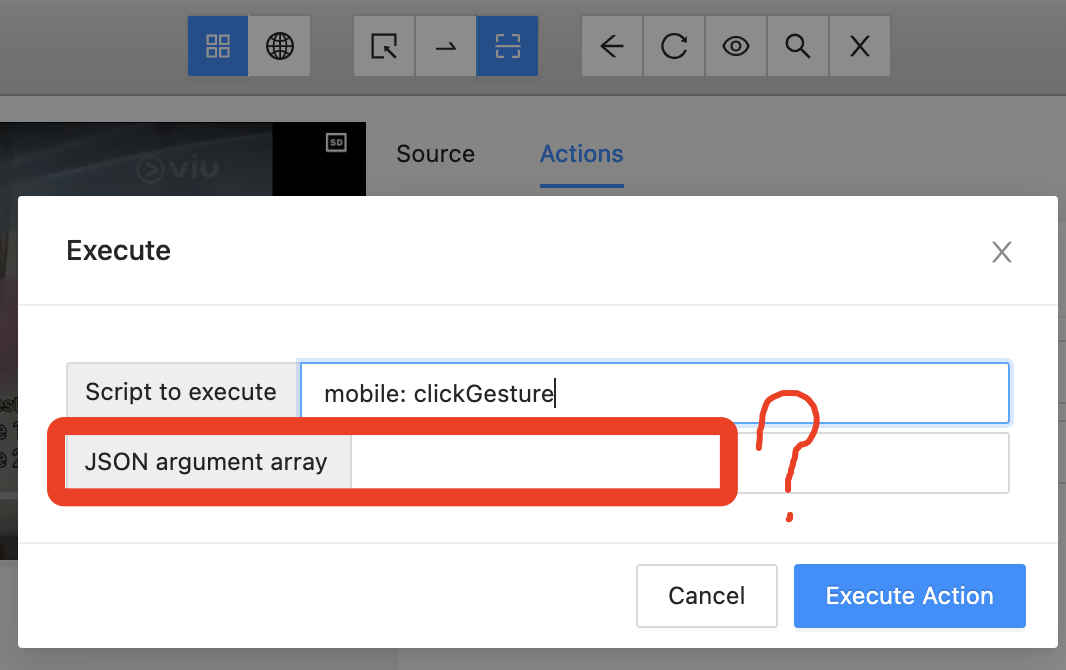 Don't know the JSON argument array format to perform mobile ...