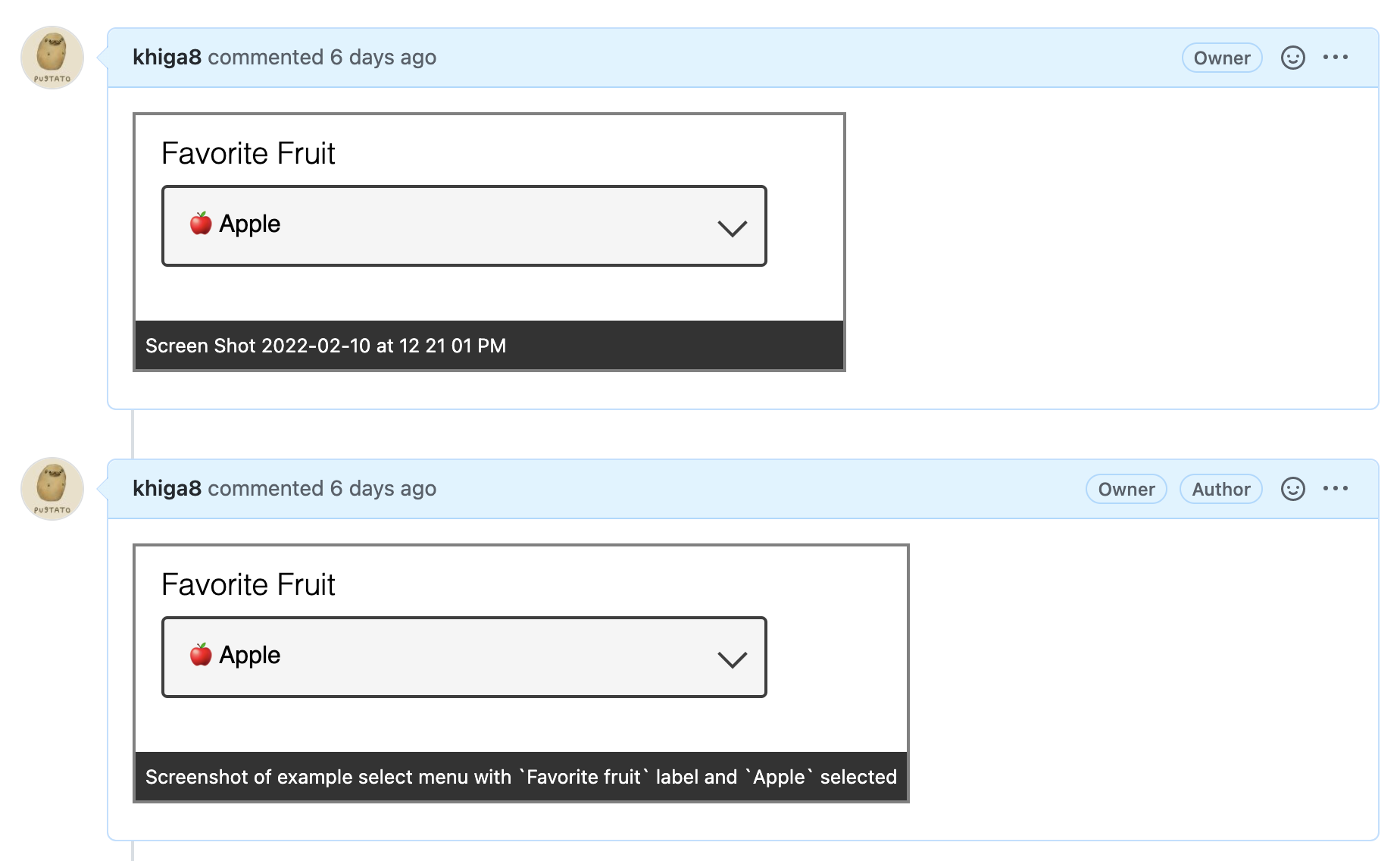 Example screenshots of two images that have been posted on a GitHub issue, each appearing with alt text overlay. The first has unhelpful alt text based on the filename, `Screen Shot 2022-02-10` while the second image has a more intentional alt text, `Screenshot of example select menu...`.