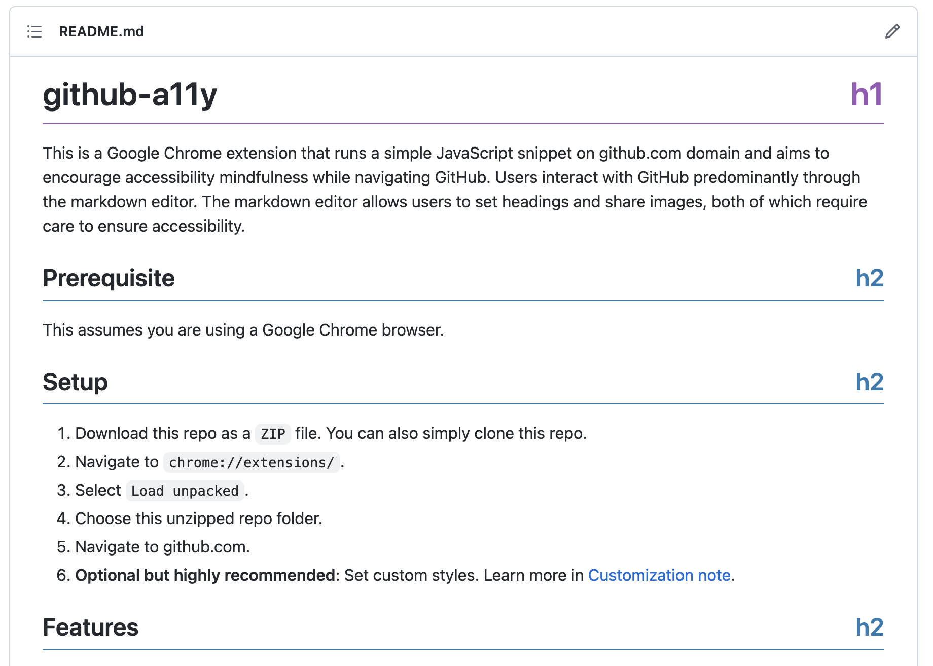 Example screenshots of heading levels appended at end of heading text line inside a GitHub markdown, each represented by a different color