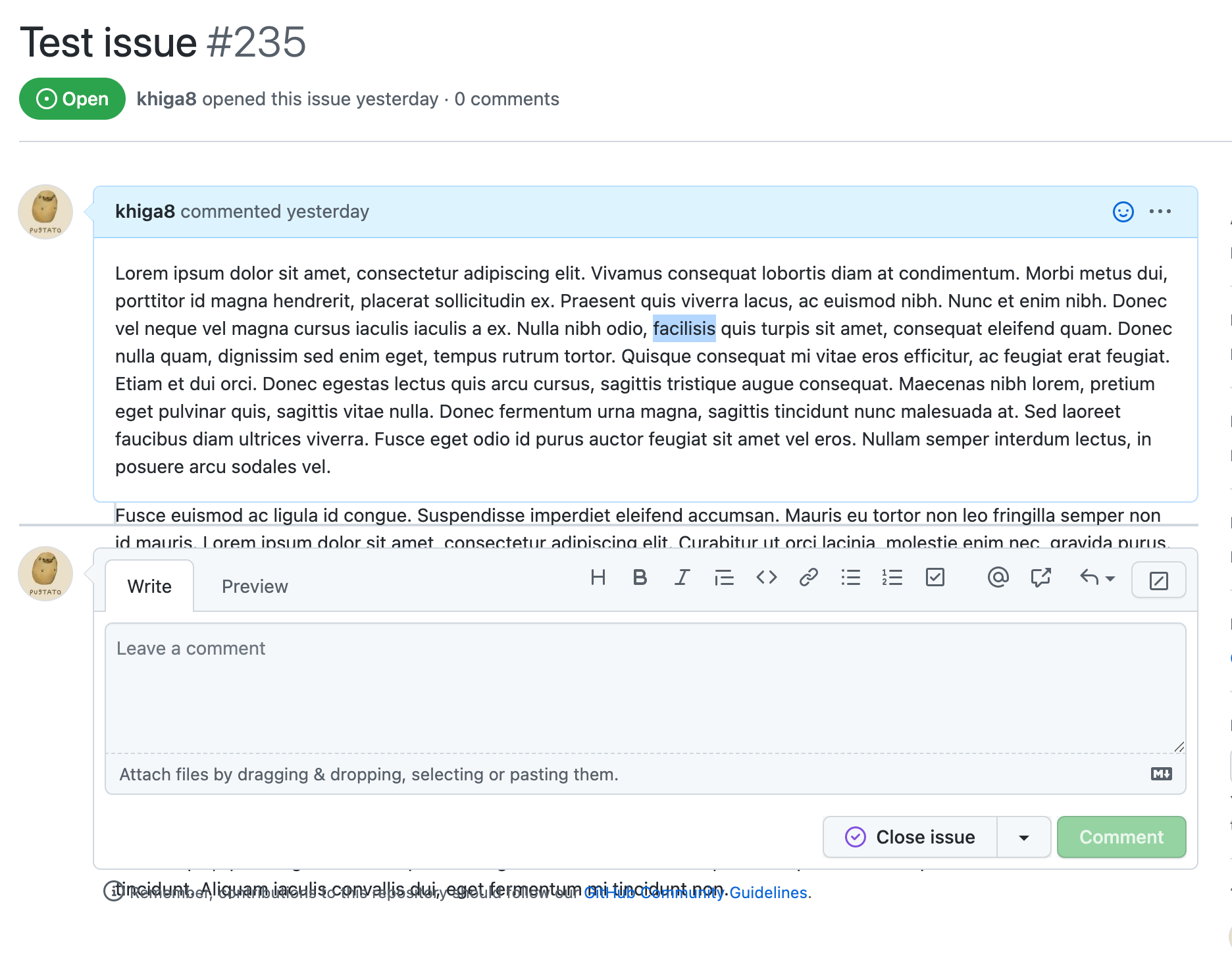 Screenshot of a GitHub issue description where the container has a fixed height, causing the authored long description to overflow out of bounds