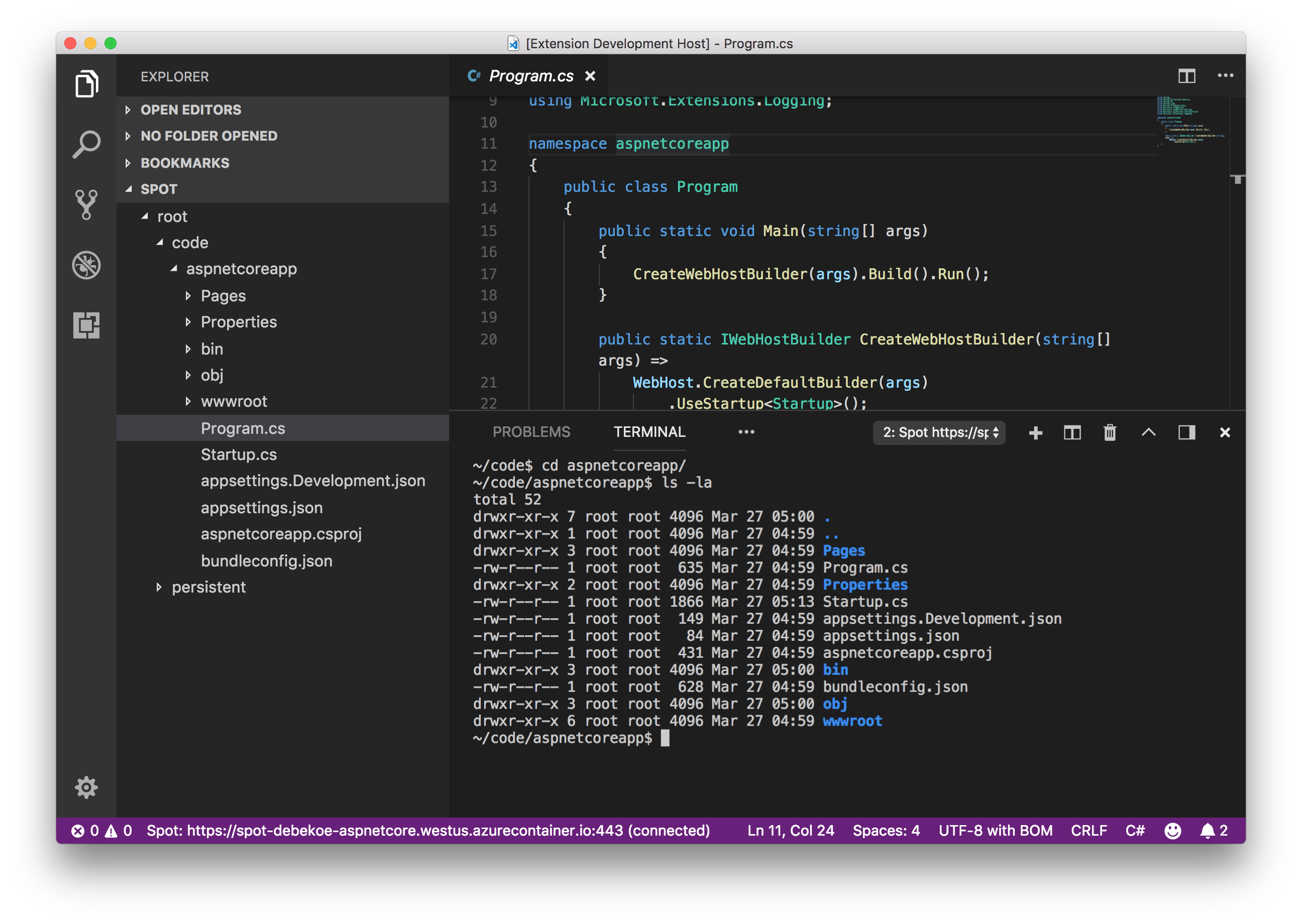 Screenshot of a Spot environment running in VS Code