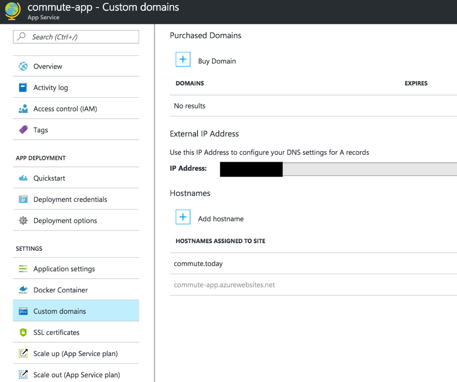 Azure Portal App Service Custom Domain pane