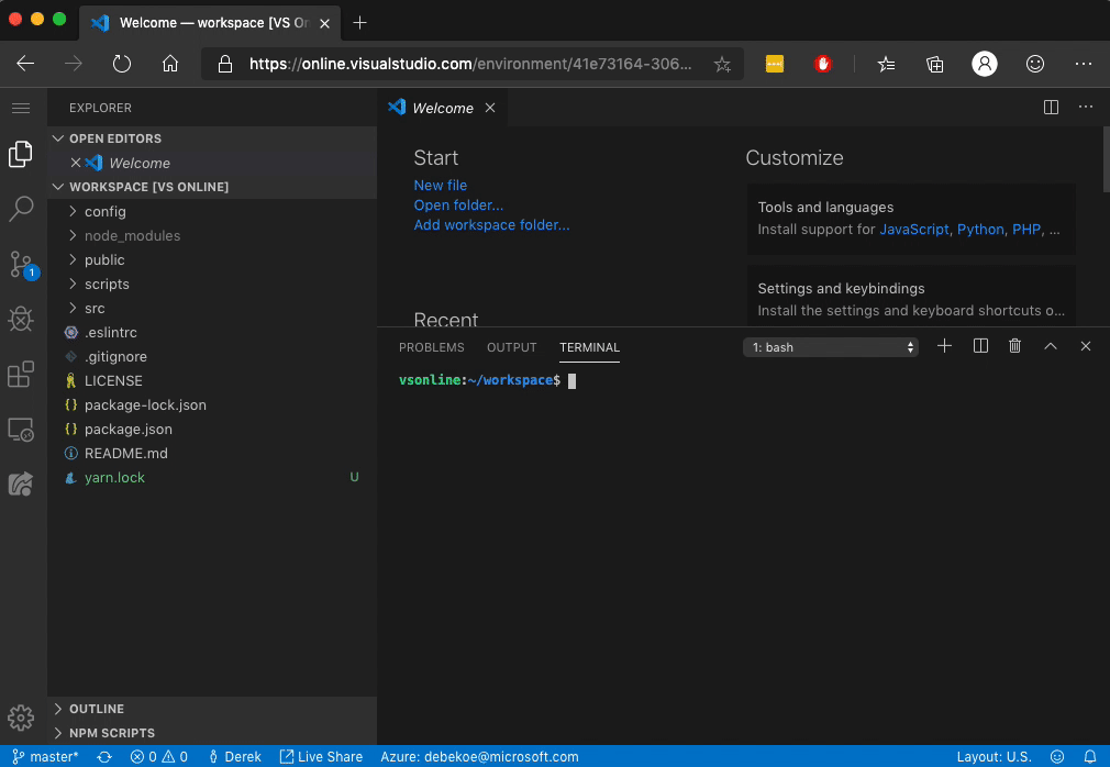 An app running in the browser through VS Online port forwarding