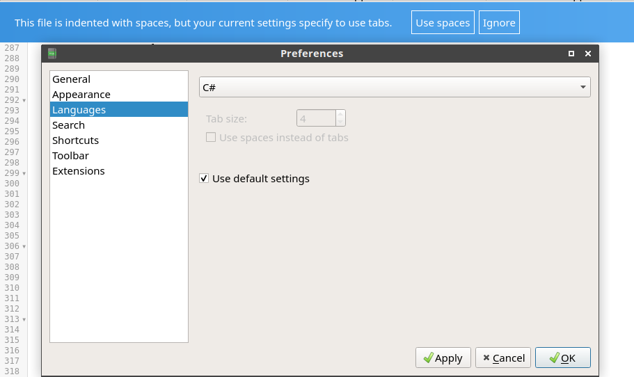 Notepadqq 1.4.2 thinks my settings specify tabs when I have "Use spaces