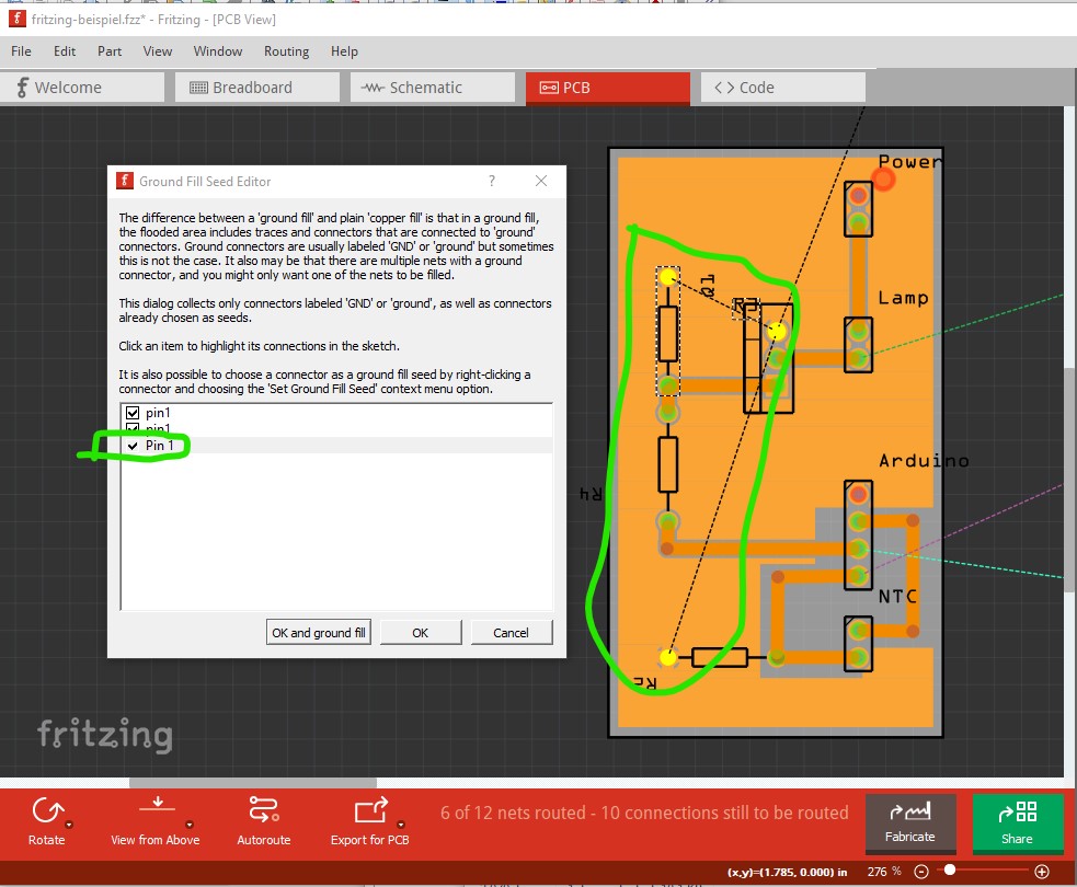 Setting a pin as a ground seed in pcb adds the connection to the ground