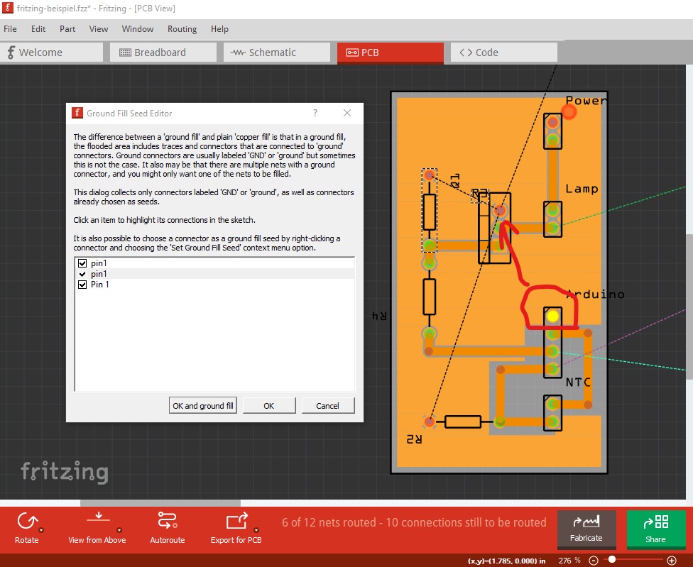 Setting a pin as a ground seed in pcb adds the connection to the ground