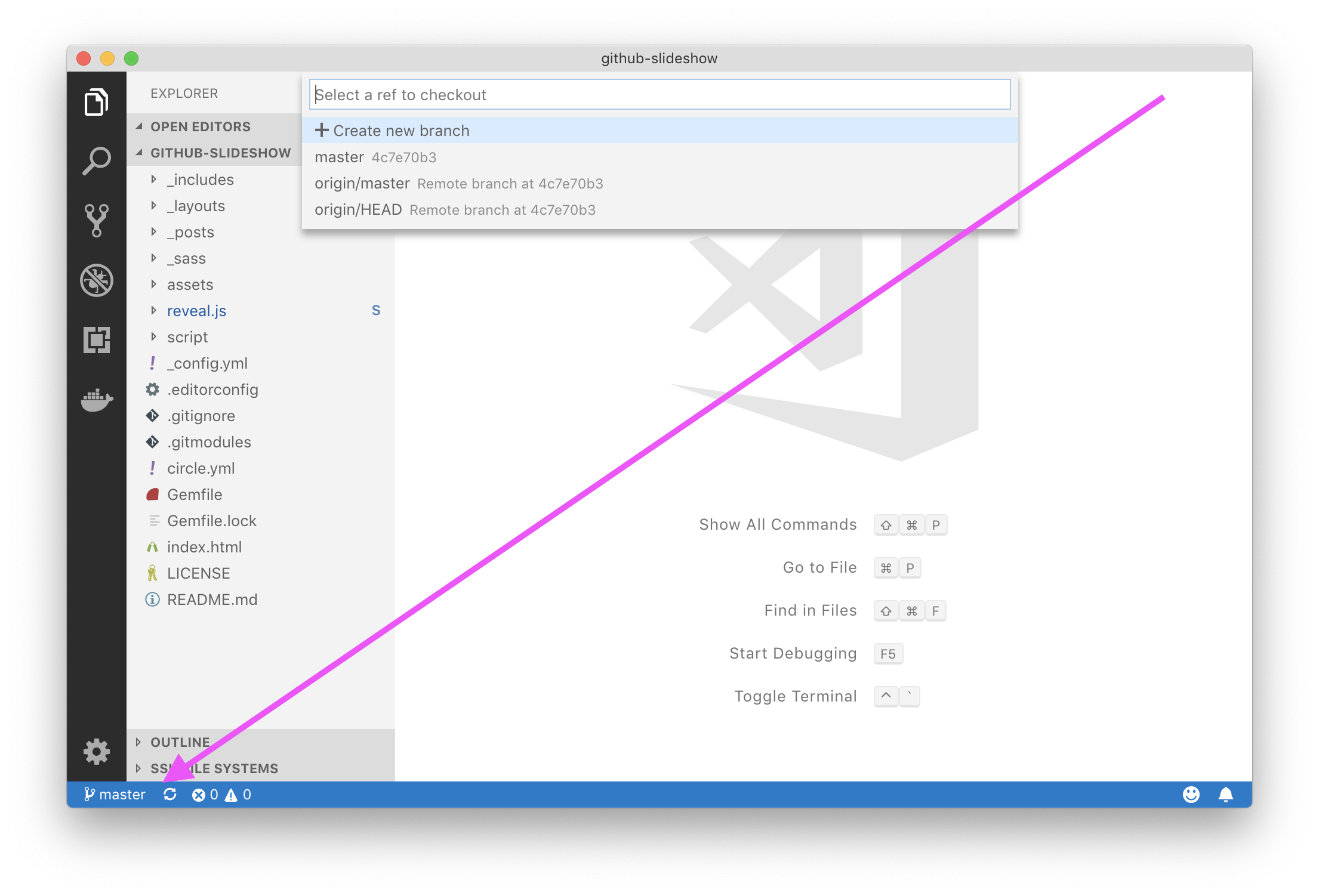 a screenshot of the Git branches in VS Code