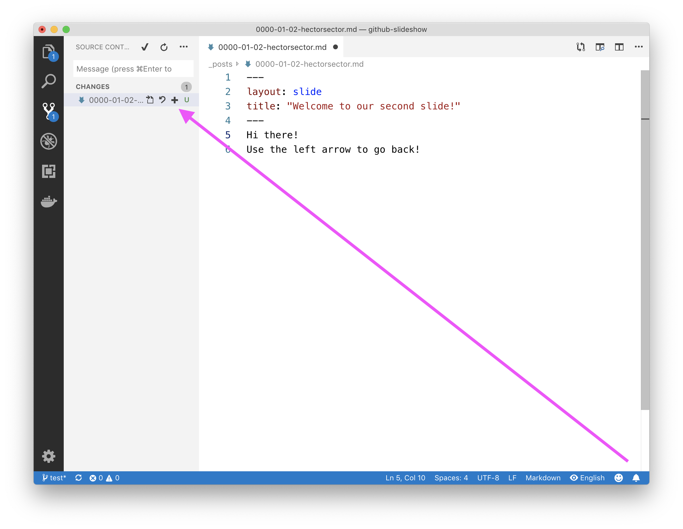 una captura del botón de staging en la vista Source  Control