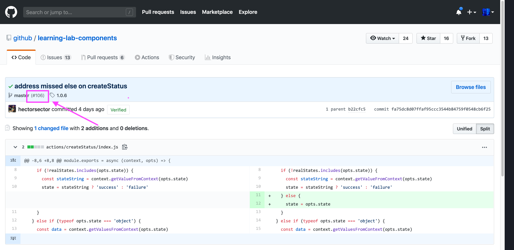 screenshot of a view of a commit on GitHub, highlighting the link to the pull request