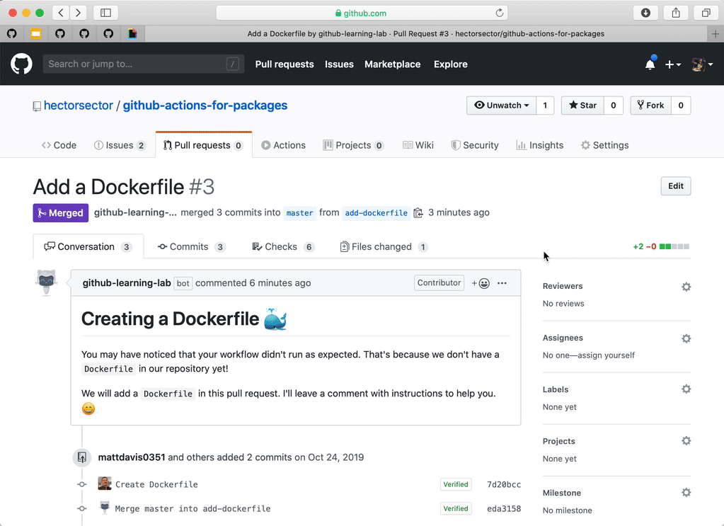 GIF of a pull request, clicking on a commit status, shows logs of a package publishing, then shows package on the GitHub repository