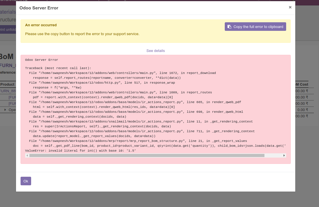 12] Could not print Bom Structure(or cost) Report with float quantity ·  Issue #27437 · odoo/odoo