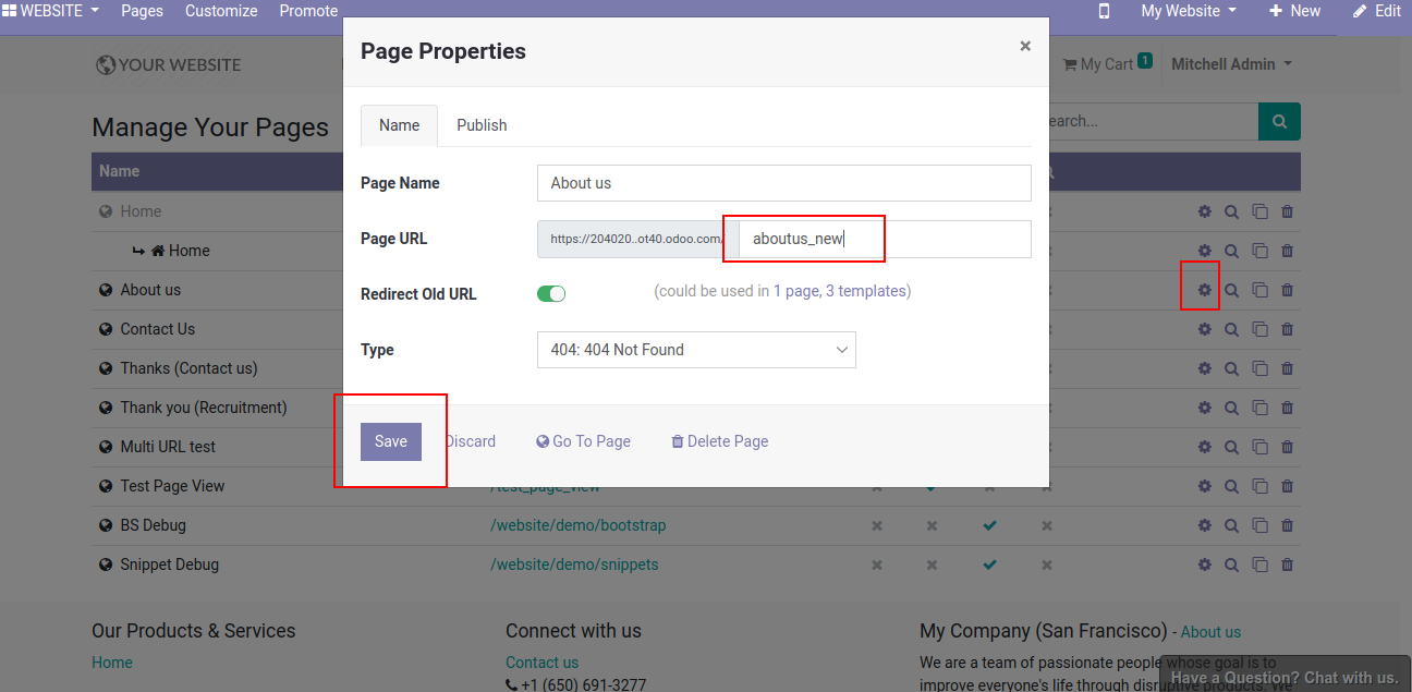 screenshot-2040209-13-0-c53f1c runbot40 odoo co
Original PR description
Before this commit, There would be an error due to the required field `name` which was not passed in vals when the user creates new Redirects through Manage Pages from Website, while the `name` field…
Before this commit, There would be an error due to the required field `name` which was not passed in vals when the user creates new Redirects through Manage Pages from Website, while the `name` field is required at the model level. In this commit, we pass 'name' field in the values of `website.rewrite` Followup on be8fc2296b3822baffe0bc68cb4b7efdfe53fa91 Description of the issue/feature this PR addresses: Current behavior before PR: ![screenshot-2040209-13-0-c53f1c runbot40 odoo com-2020 04 04-14_38_05 (1)