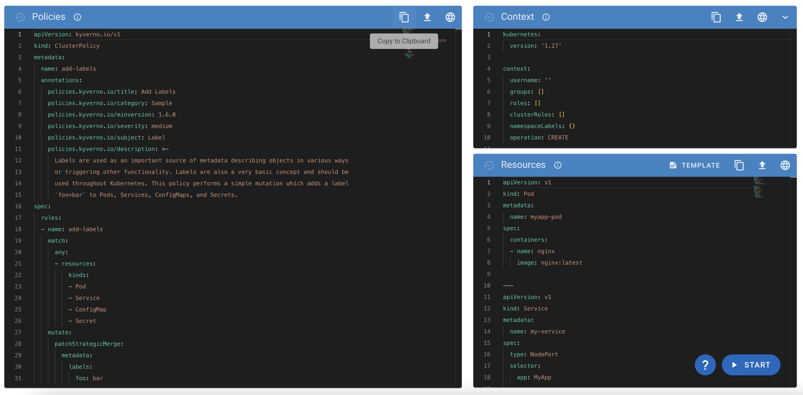 Copy to clipboard button · Issue 201 · kyverno/playground · GitHub