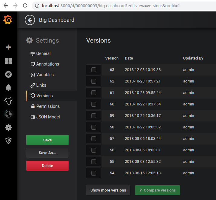 Update Dashboard Version History documentation · Issue 15863 · grafana