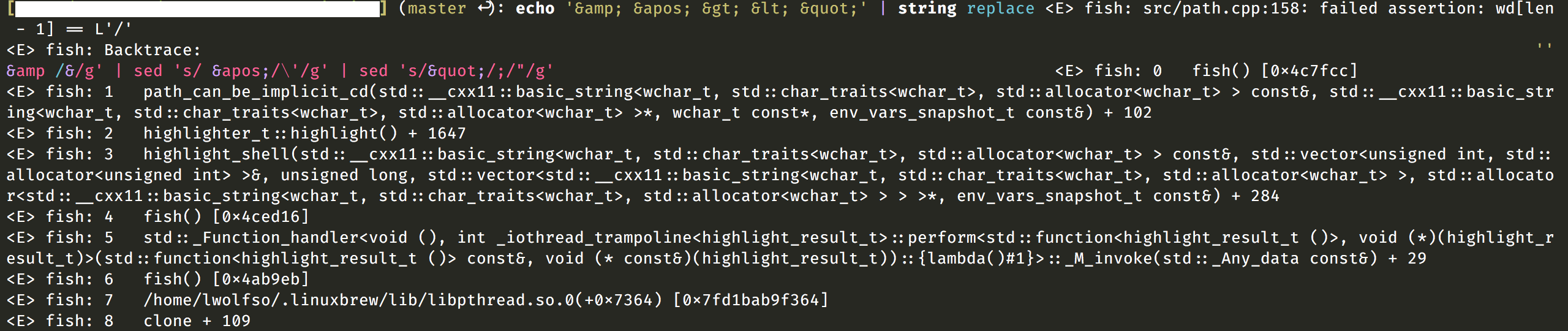 Fish crashed while editing a command for `string replace` containing ...
