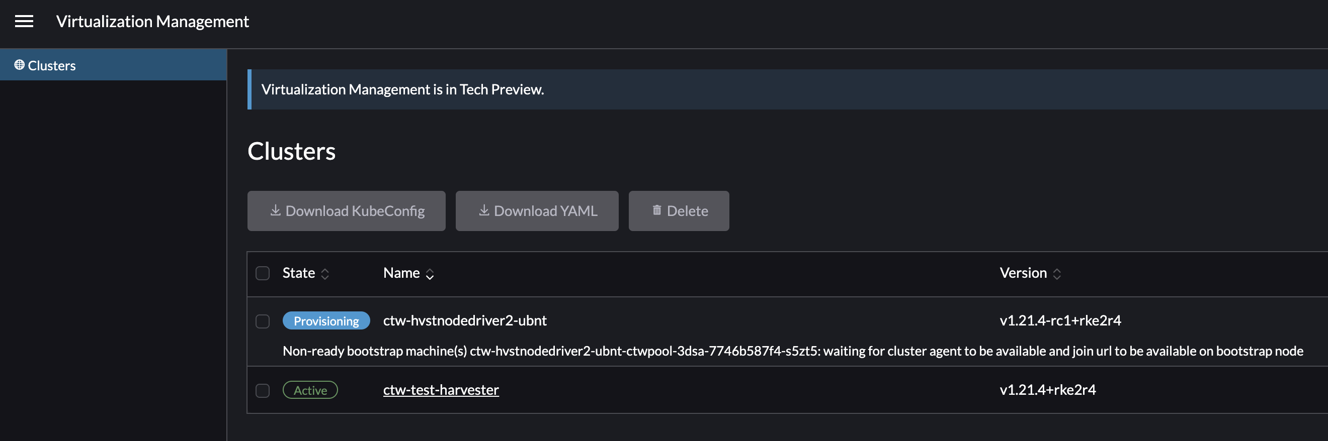 [virtualization management] clusters provisioned via harvester node