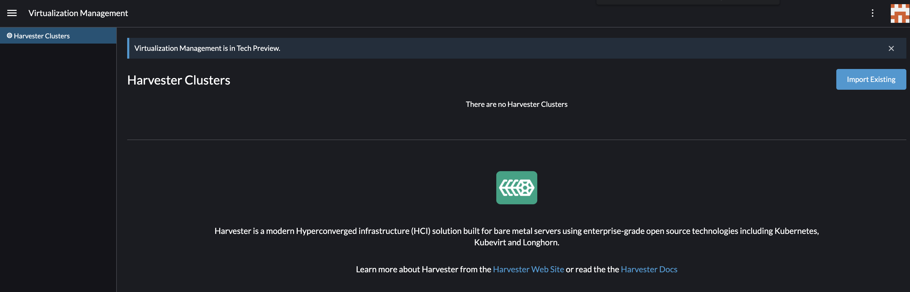 Harvester/UI If there is no cluster shows in the Virtualization