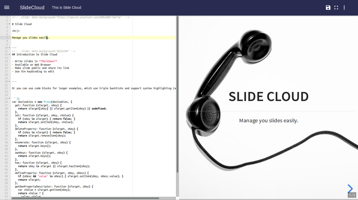 GitHub - altescy/slide-cloud: Online markdown slide show editor.