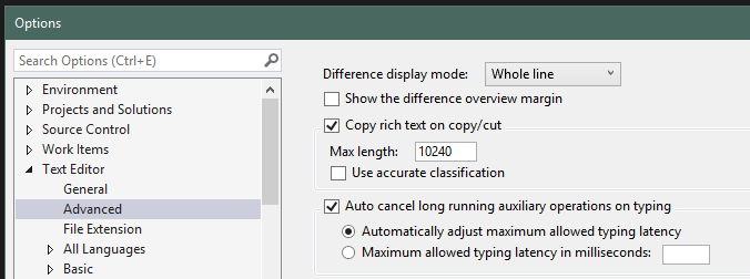 Screenshot of Tools - Options - Text Editor - Advanced, showing the "Auto cancel long running auxiuliary operations on typing" option