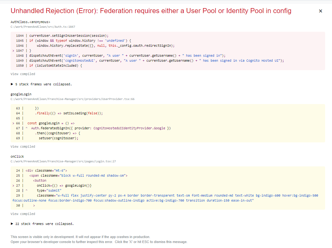 Unhandled Rejection (Error) Federation requires either a User Pool or
