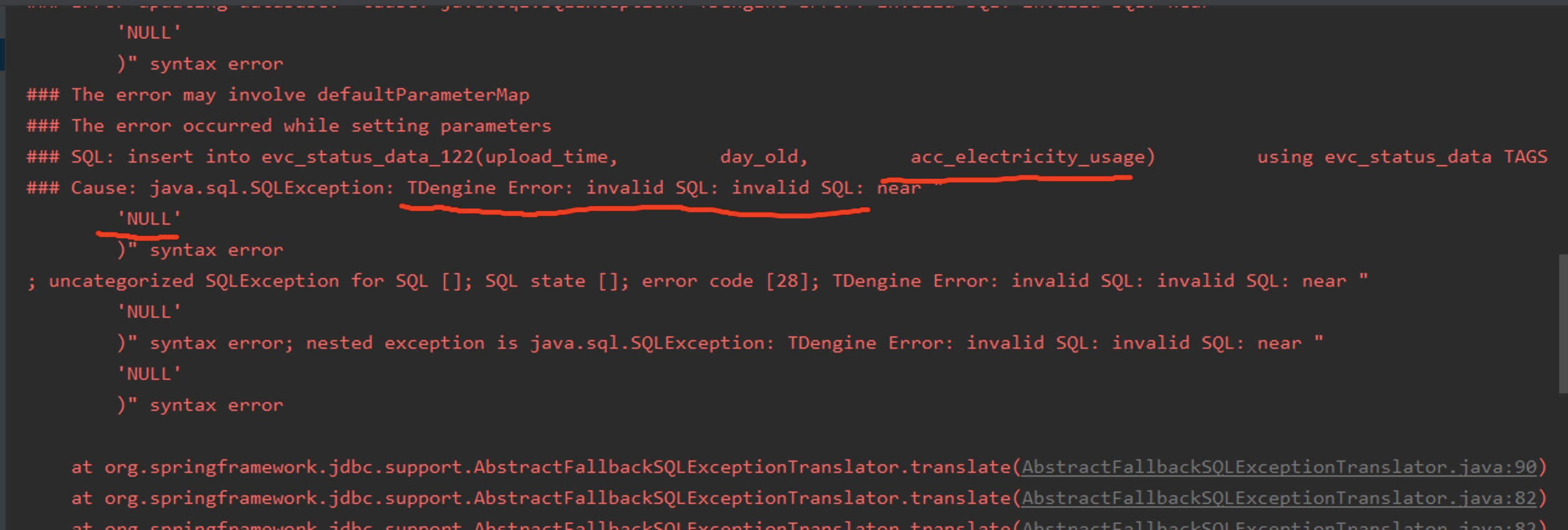 Error when integrating Tdengine with mybatis the column. data type is