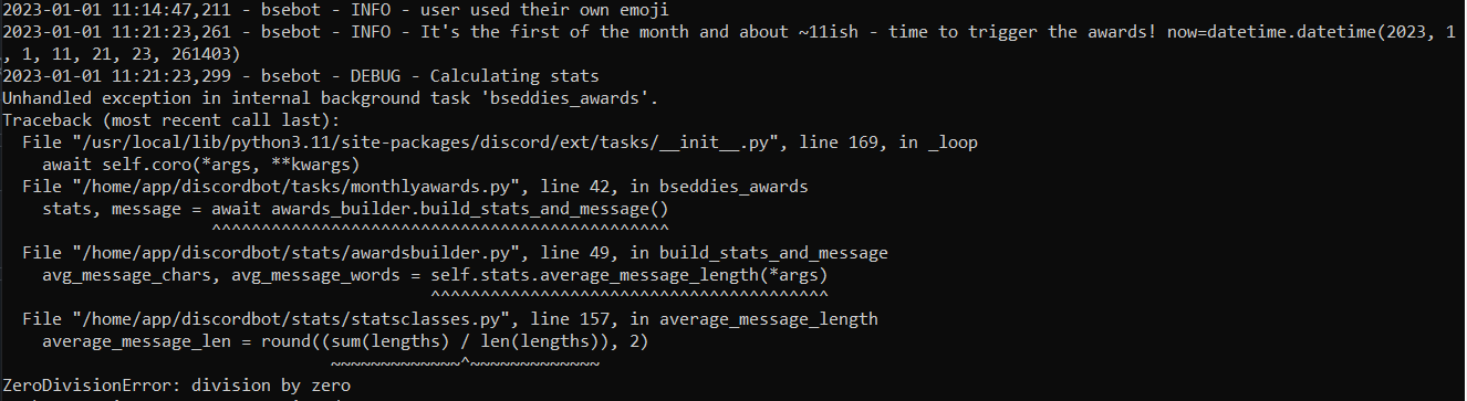 Stats bug for monthly awards · Issue #196 · ESloman/bsebot · GitHub