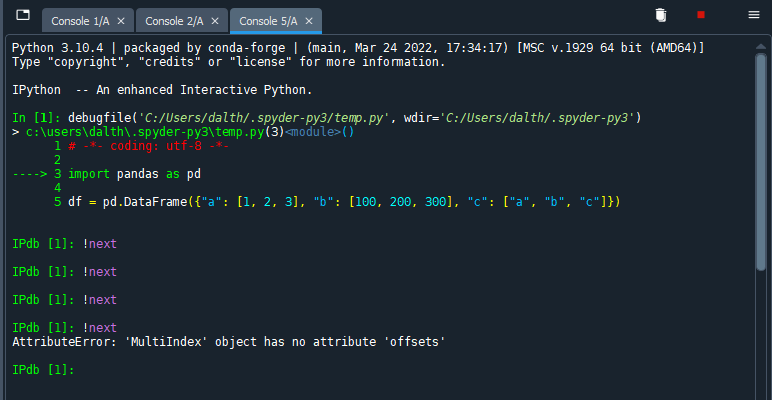Spyder debugger breaks when using pandas MultiIndex · Issue #17821 ...