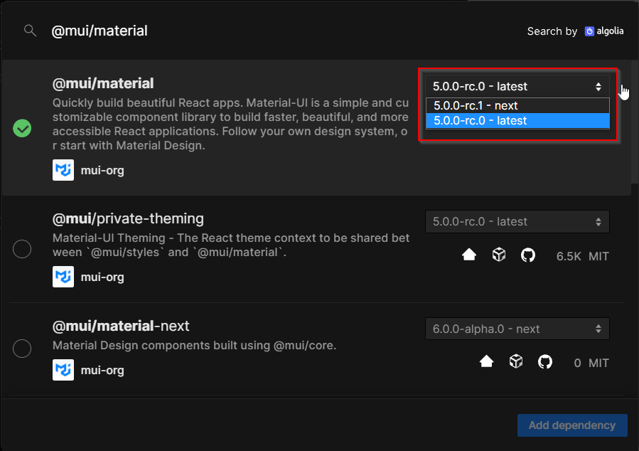 mui dependency versions