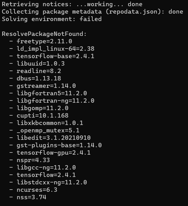 resolvepackagenotfound when running env yml to create a conda