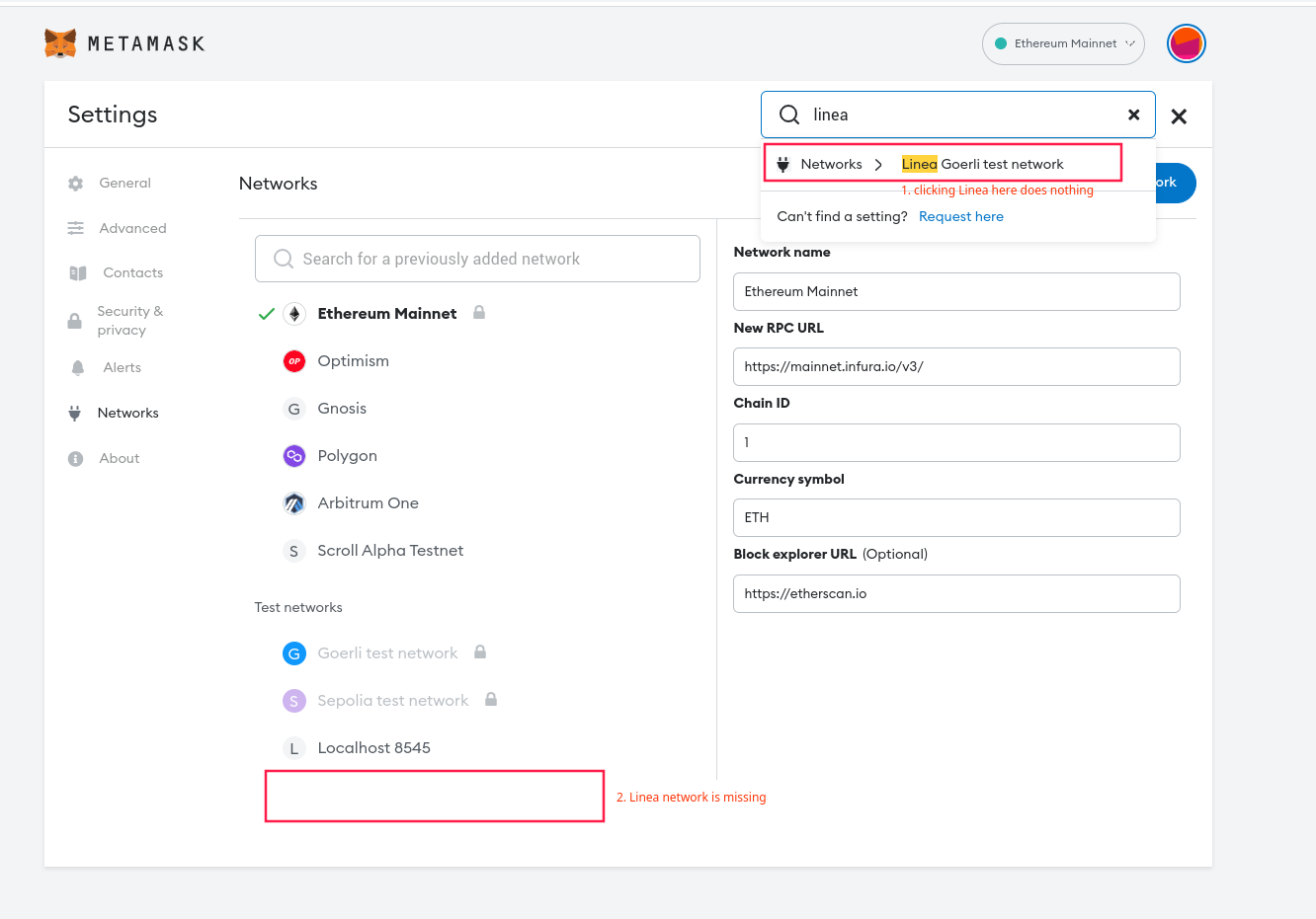 [Bug]: Linea test network not showing · Issue #18433 · MetaMask ...