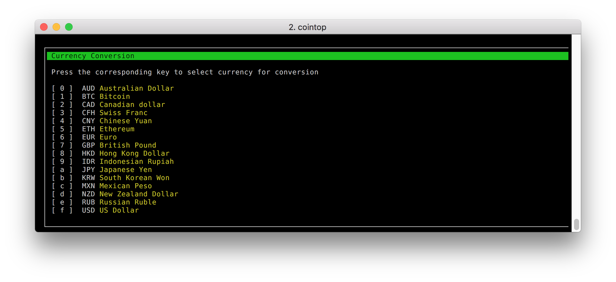 currency convert menu