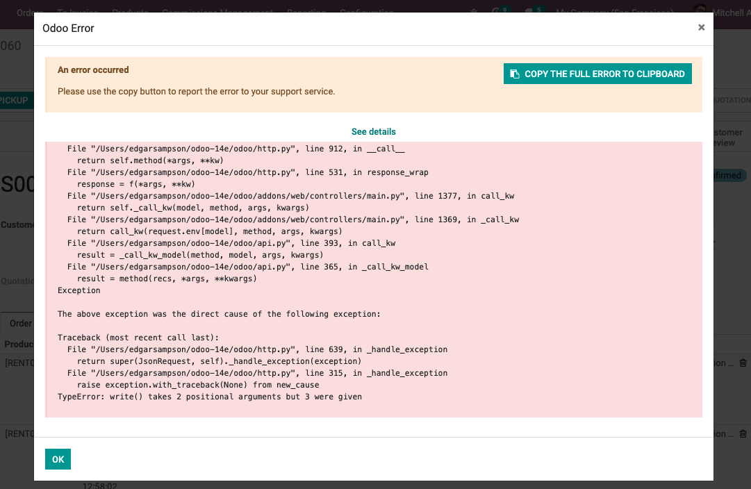 write error when using the comission module with standard Odoo rental ...