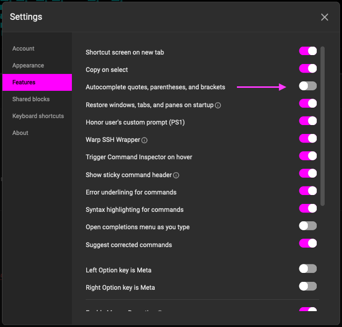 disabling for quotes and parentheses does not disable the