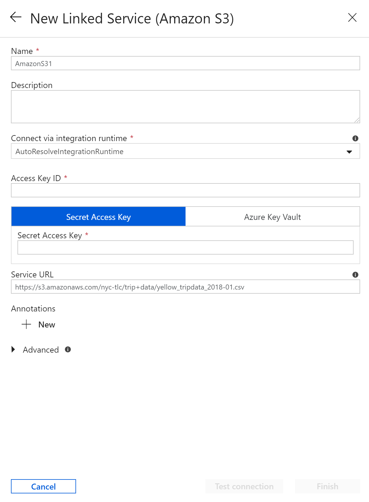 How to create S3 or WASB Connection for public storage with no Key