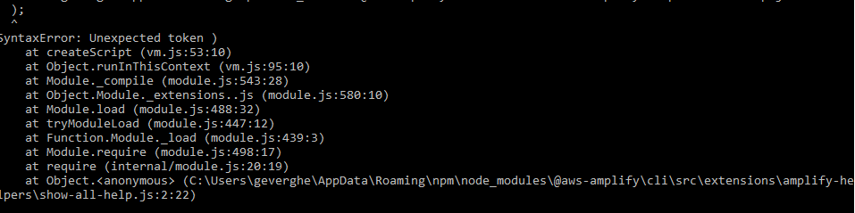 Amplify CLI throwing error post install on Windows 10 Enterprise ...