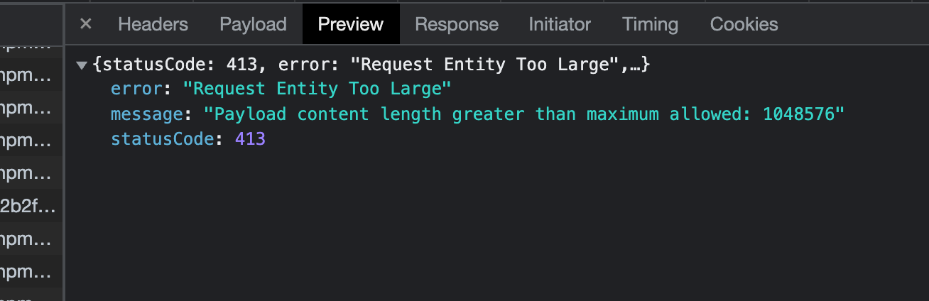 Batch request failed with status 413 error on point series