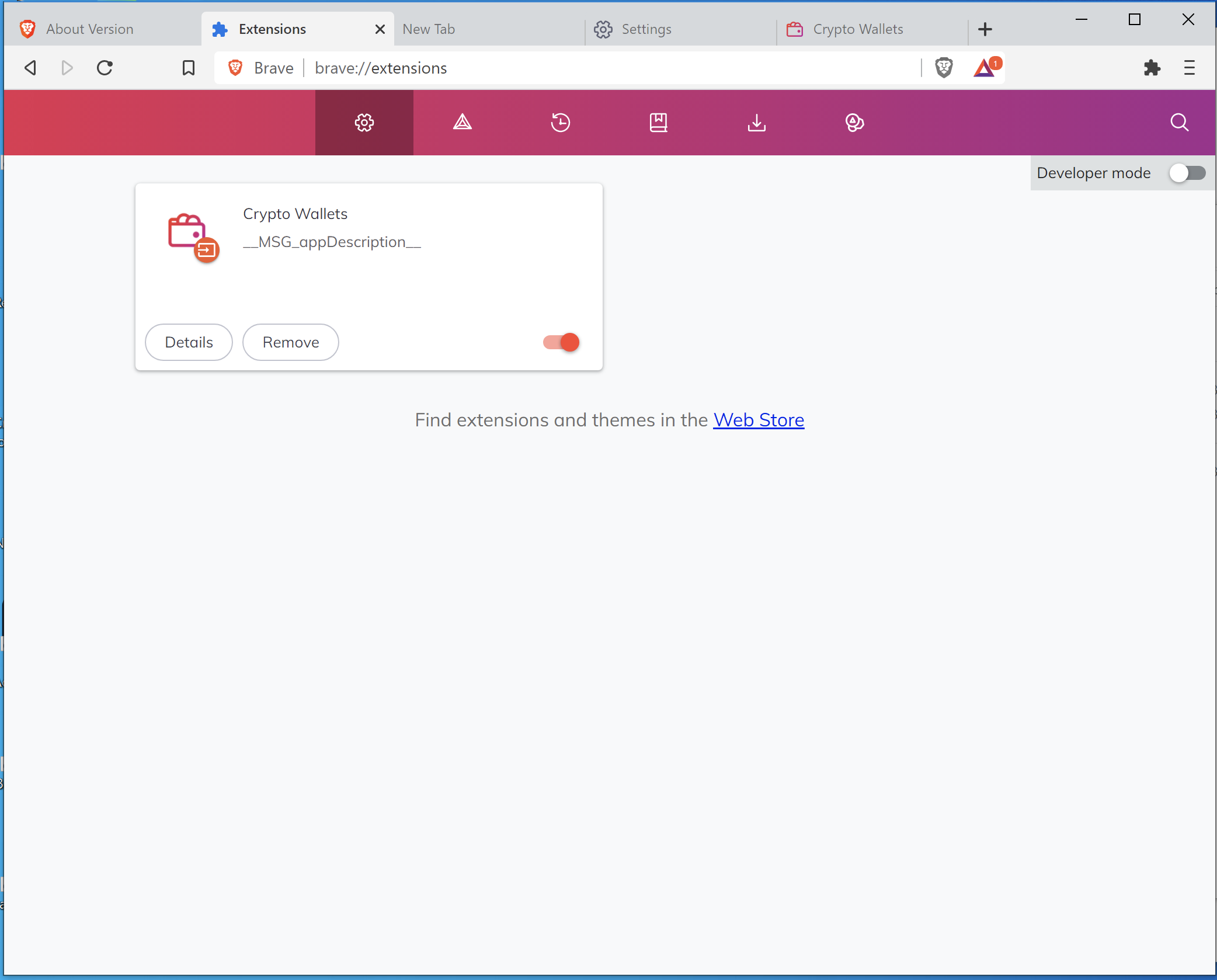Crypto Wallet Extension shows up under brave//extensions when enabled