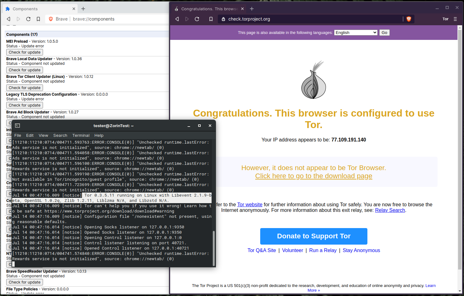 [Desktop] Manual test run for Tor 1.0.12 component update on Linux ...