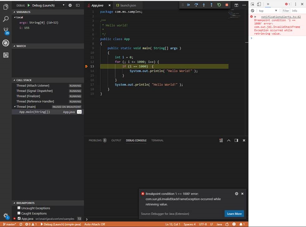 report InvalidStackFrameException during evaluating on conditional ...