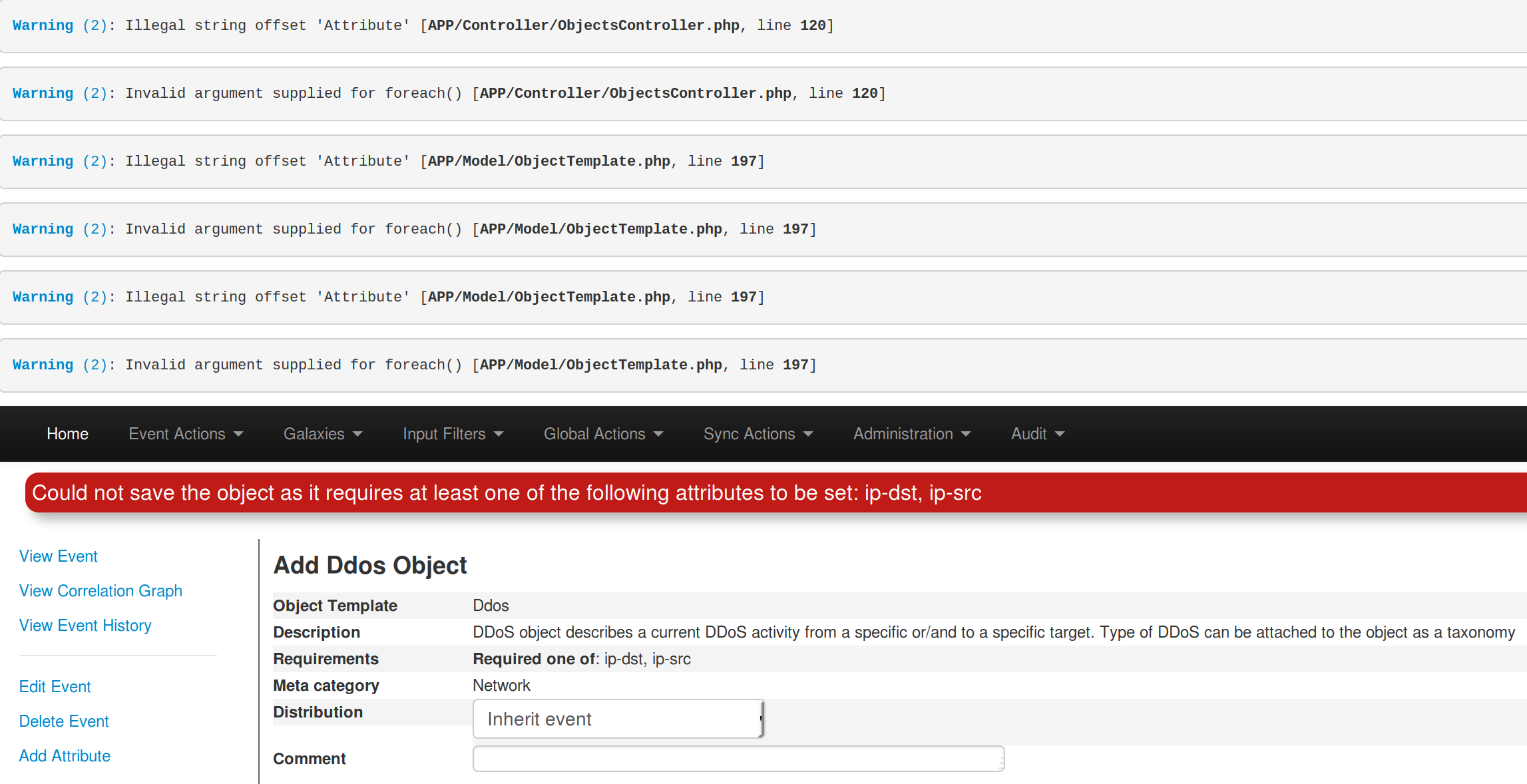 [Objects Final Tests] PHP errors visibles when adding a object without ...