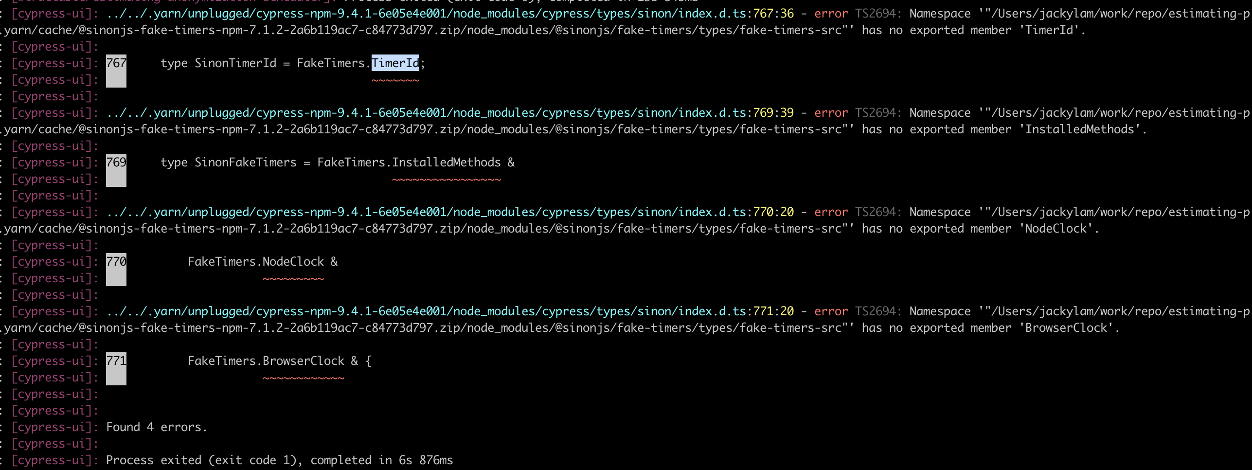Building Cypress (9.4.1) project with typescript 4.5 Error with Sinon