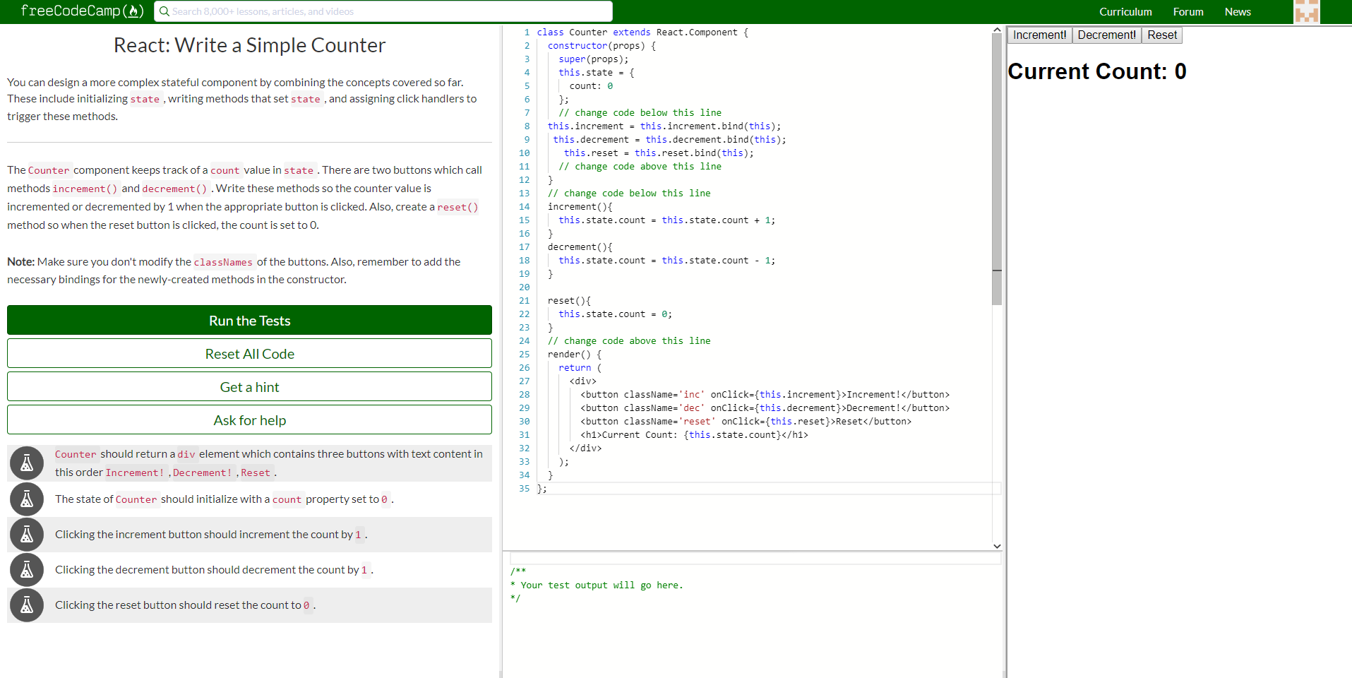 Write a Simple Counter: Preview failing to update, tests are passing ...