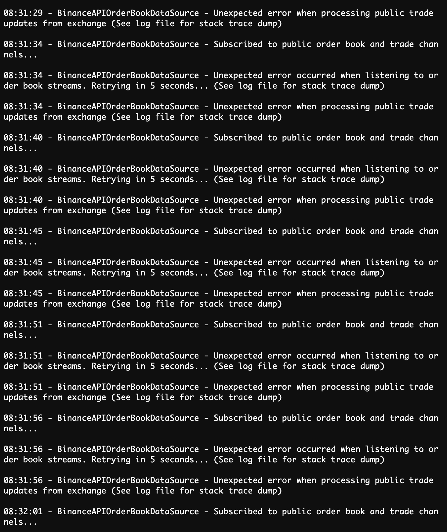 Hedge - Unexpected error when listening order book streams and ...