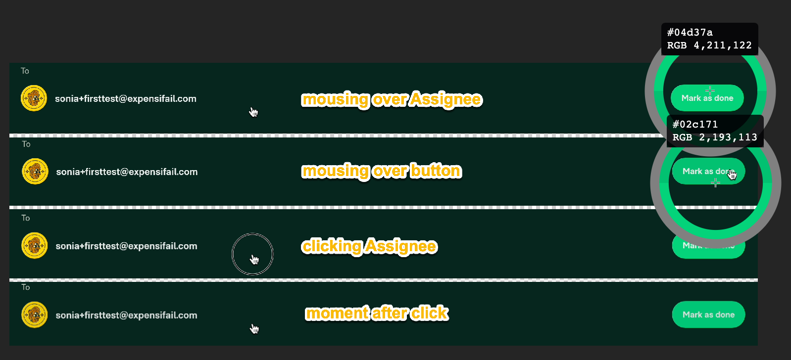 "Mark as done" button is grayed out and appears pressed when clicking